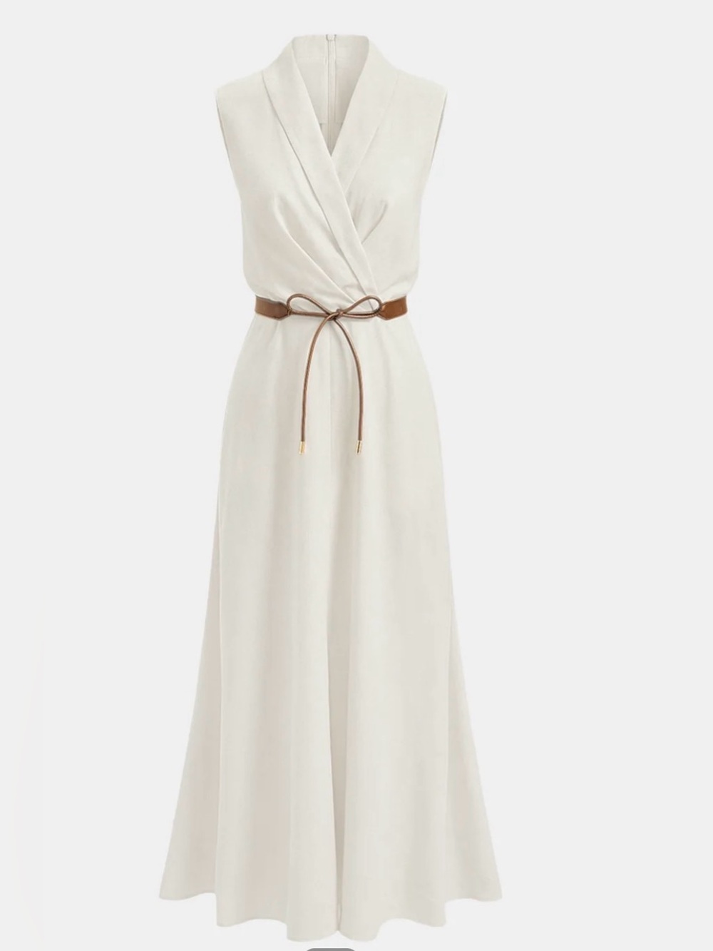 COMMENSE WRAP Sleeveless White Wrap Maxi Dress with Brown Tie Belt